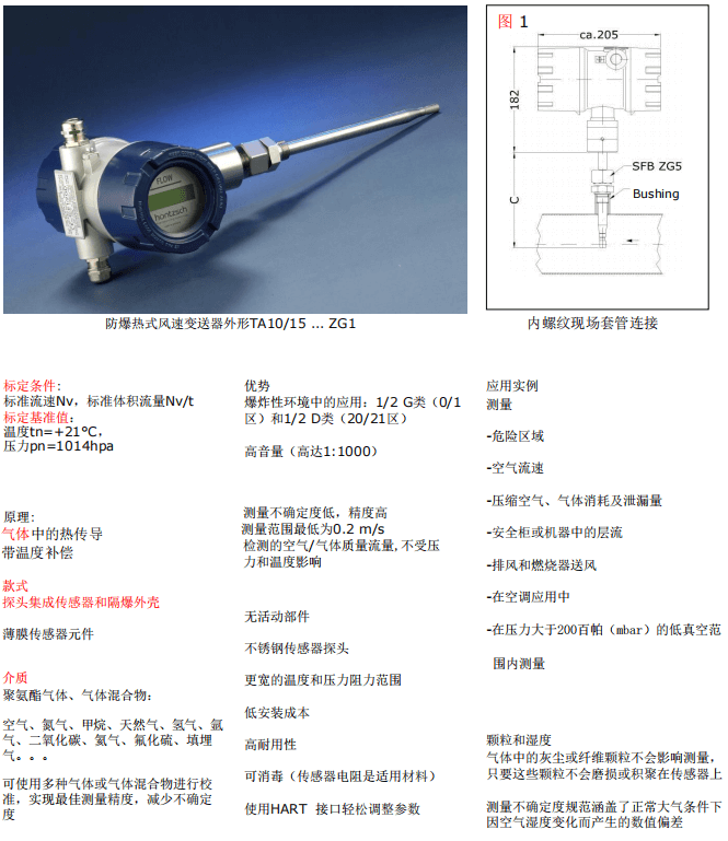Hontzsch虹啟防爆熱式風速、風量變送器 TA10/15...ZG1參數(shù)