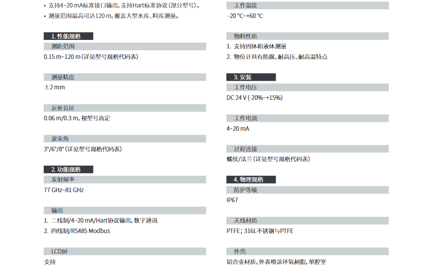 雷達物位計參數